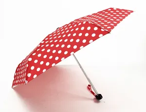 Small 6 panel white polka dot ladies folding pocket umbrella with light weight frame