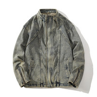 Veste en jean pour homme personnalisée, coupe slim, délavée style vintage, respirante, multi-poches, avec poignets, effet usé, style motard décontracté