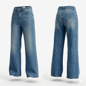 <span class=keywords><strong>Jean</strong></span> en denim décontracté pour <span class=keywords><strong>femme</strong></span>, coupe droite, taille haute, longueur intégrale, délavé aux enzymes - Product Image 2