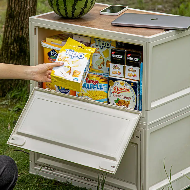 Faltbarer Camping-und Picknick-Aufbewahrung behälter im Freien Große zusammen klappbare stapelbare Kunststoff-Aufbewahrung sbox mit Holzdeckel