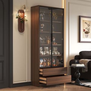 <b>Solid</b> <b>Wood</b> <b>Bookcase</b> Walnut Color Glass Door Display Cabinet Storage Unit For Home Office - Product Image 3