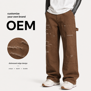 Vaqueros europeos y americanos de corte holgado con microacampanado, pantalones de trabajo de mezclilla lavados con efecto rasgado y bigotes de gato para <span class=keywords><strong>hombre</strong></span> - Product Image 1