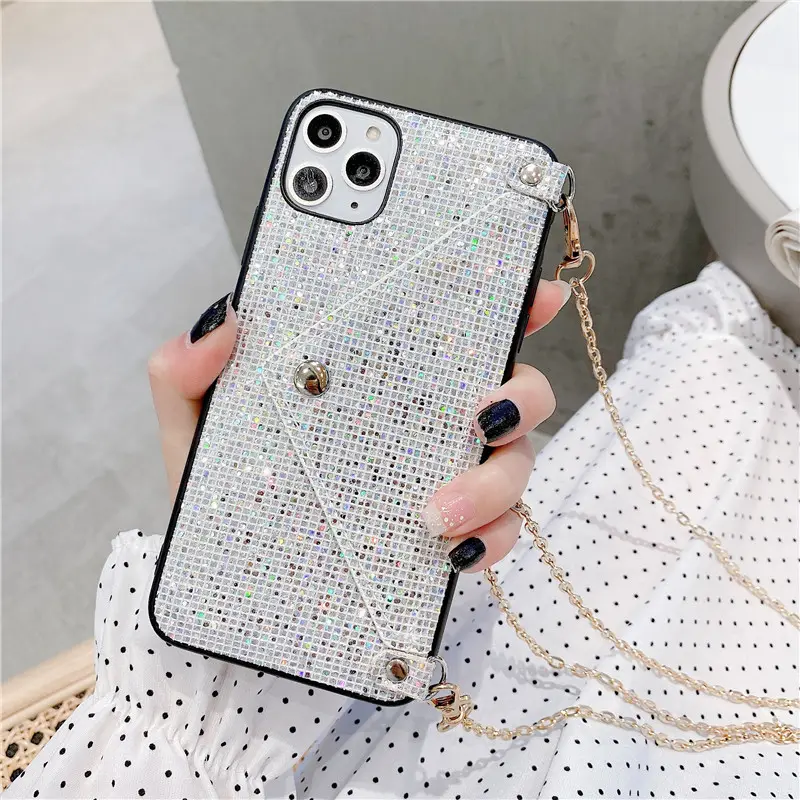 Glitter Luxury Diamond Wallet Card Phone Case For Iphone 12 13 Pro Max Xr Xs Max Shining Crossbody lanyard phone case With Chain
