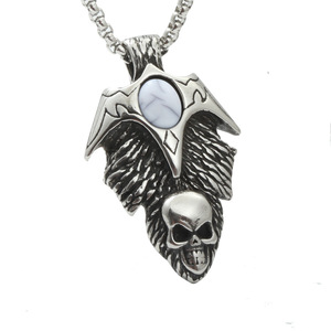Collier pendentif crâne Yunnique en acier noir avec incrustation de turquoise sertie clos, breloque thématique pour cadeau, bijoux de mode - Product Image 1