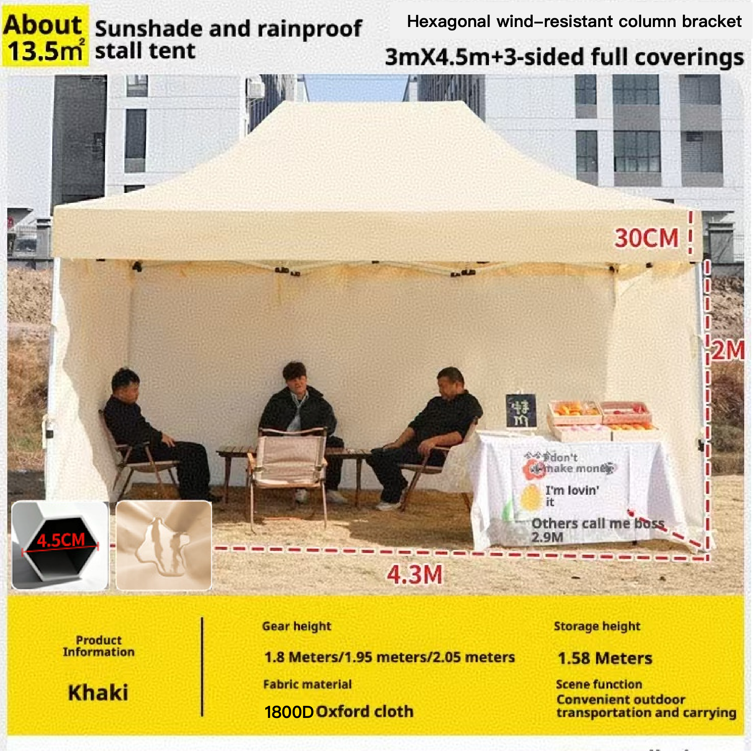 Support de colonne hexagonale-3mX4,5m+3 revêtements complets-Kaki