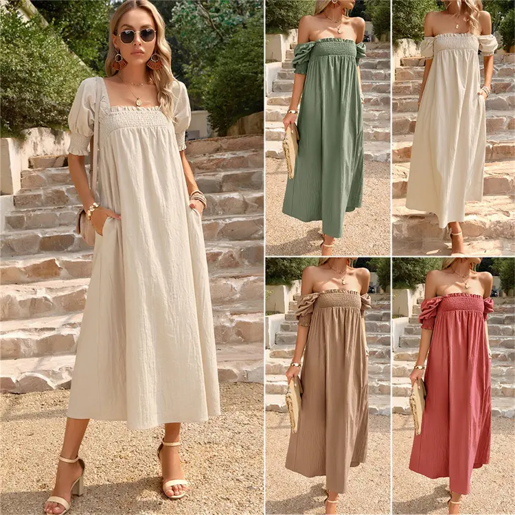 Vestidos largos elegantes de Color liso para mujer, vestidos largos de tela de algodón con cuello cuadrado a la moda, novedad de verano 2023