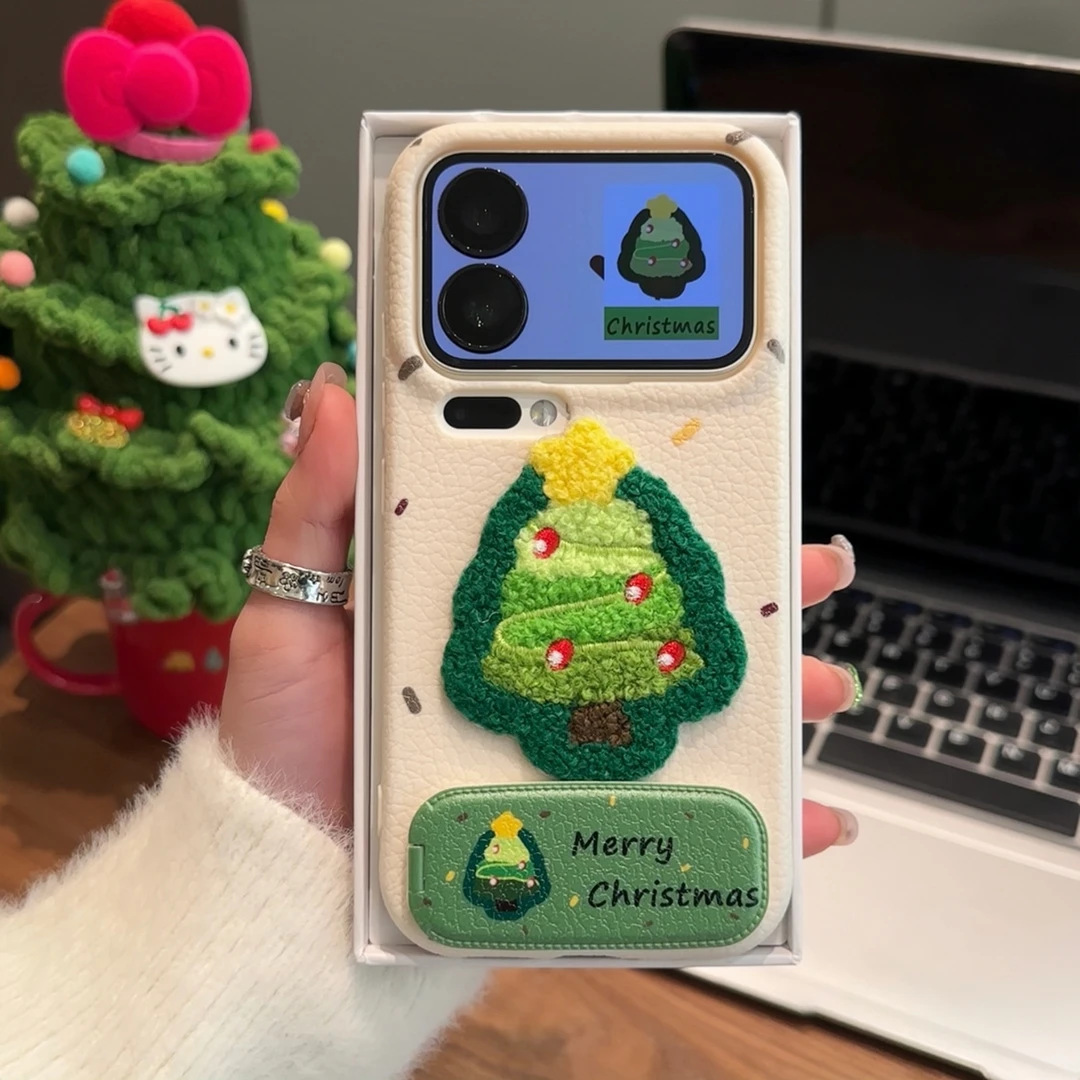 3D Embroidered Christmas Tree Leather-Textured Mirror Stand