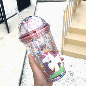<span class=keywords><strong>Gobelet</strong></span> à paillettes en plastique à double paroi avec paille, <span class=keywords><strong>réutilisable</strong></span> et mignon, motif <span class=keywords><strong>licorne</strong></span>, vente en gros - Product Image 2