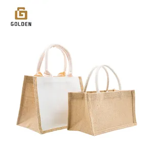 Regalo d'oro per lo Shopping all'ingrosso fresco Gunny Tote da spiaggia regalo per caffè in tela di juta di riso con coulisse borsa di tela con finestra