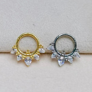 Anneau de nez de style européen en titane, anneau fermé avec zircon en forme de goutte d'eau, motif floral, pour piercing, bijou cadeau - Product Image 4