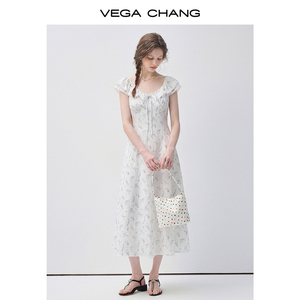 VEGA CHANG Abito Bianco con Stampa Floreale e Collo Arricciato per Donne, con Dettaglio Fiocco e Tessuto in Chiffon, Abito Midi Casual - Product Image 2