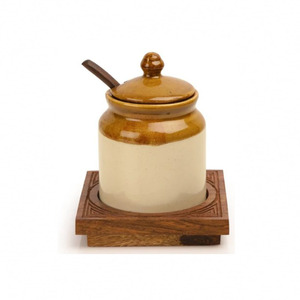 Old Fashioned Ceramic <strong>Pickle</strong> Honey <strong>Jar</strong> With Hand Carved Tray - Product Image 2
