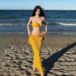 <span class=keywords><strong>Bikini</strong></span> de dos piezas con estampado floral en amarillo jengibre para vacaciones en la isla, traje de baño de tres piezas adelgazante para aguas termales para mujer - Product Image 2