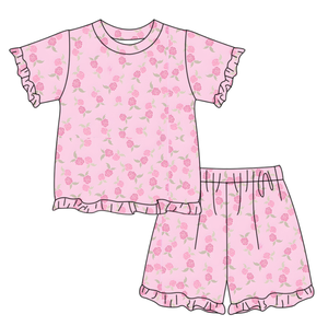 GSSO3336 Conjunto de Verano Personalizado para Niña Pequeña, Estampado de Flores a Cuadros Rosas, Conjunto de Manga Corta para Niña, Venta al Por Mayor - Product Image 3