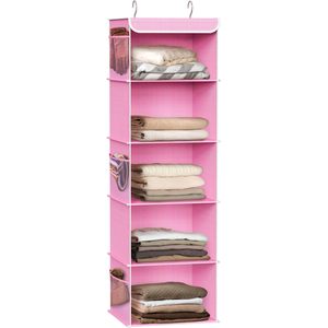 5 <b>Shelf</b> Hanging Closet Organizer Pink Fabric Clothing Storage Bedroom <b>Hook</b> Type 33x15x85cm - Product Image 1