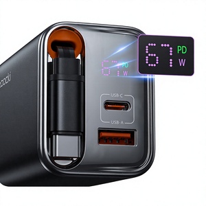 อะแดปเตอร์ GaN ชาร์จเร็ว PD67W แบบพกพา พร้อมหน้าจอดิจิตอล สายชาร์จในตัว พอร์ต USB-C/USB-A ปลั๊ก EU สีดำ สำหรับชาร์จโทรศัพท์และแล็ปท็อป - Product Image 1