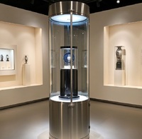 Vitrine de présentation de bijoux cylindrique rotative à 360° de qualité muséale, éclairage LED, durable, facile à nettoyer, vitrine de luxe en acier inoxydable