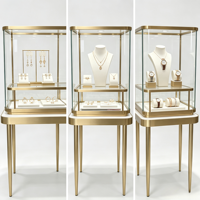Vitrine de présentation de bijoux rectangulaire de luxe, cadre en métal fin doré, comptoir à bijoux en verre trempé avec éclairage LED, métal élancé