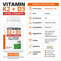 Capsules de Vitamine K2 D3 à Marque Blanche OEM ODM Formule Personnalisée Conception de l'Emballage MK-7 120 Comprimés Complément Alimentaire