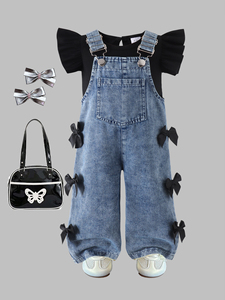 Completo alla Moda per Bambine, Stile Primaverile, Salopette in Denim Casual con Stampa per Bambini, Pantaloni Stampati alla Moda per Neonati - Product Image 2