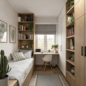 Armoire en bois moderne personnalisée BALOM avec bureau, meubles de chambre à coucher multifonctionnels avec étagères ouvertes, design gain de place, armoire - Product Image 3