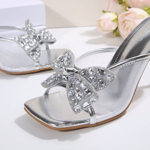 K55 Ciabatte Estive Nuove <span class=keywords><strong>con</strong></span> Fiocco Sexy e Diamanti, <span class=keywords><strong>Tacco</strong></span> Alto Quadrato, Traspiranti in Rete, Vendita Calda - Product Image 4