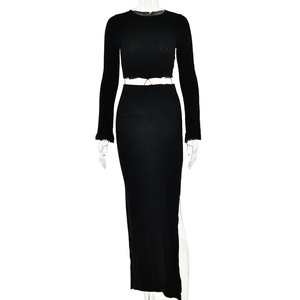 Women Knitwear Two Piece <b>Set</b> Round Neck Sweater With Slit Long Skirt Solid Color Breathable Fashionable Sexy Waist Revealing - Product Image 5