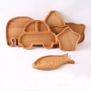 Natural Beech Wooden Cutlery Kids Tableware Wood Cartoon Baby Pattern Feeding Dinner Plates Crafts