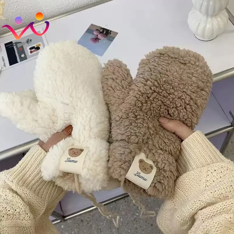 Warme weiche winter dicke finger lose koreanische japanische Bären handschuhe mit Seilen Lässige Outdoor-Reit handschuhe Kawaii Plüsch Warme Handschuhe