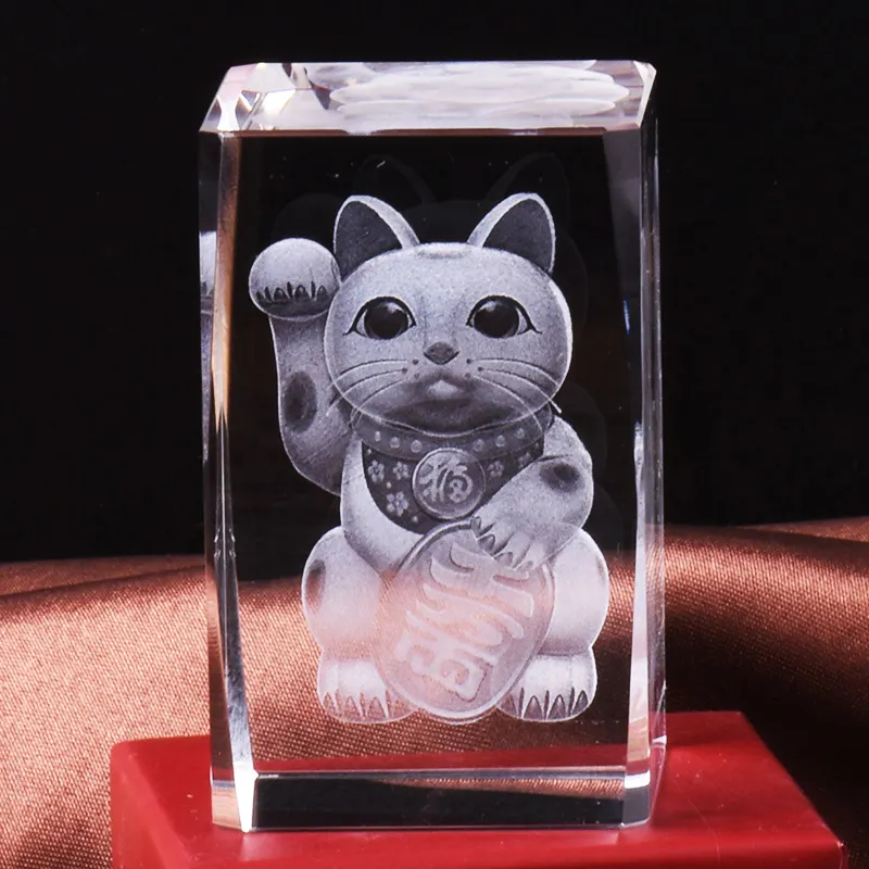 Nieuwe Komende Unieke Ontwerp Lucky Cat Foto 3d Laser Carving Kristal Glazen Kubus