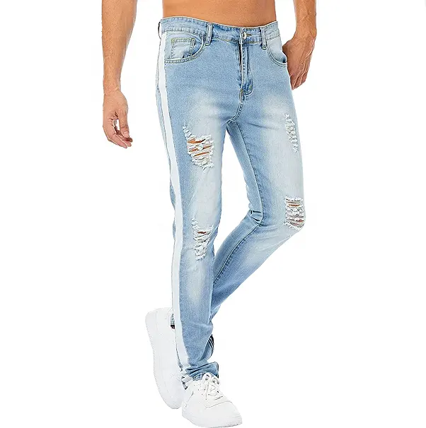 Benutzer definierte Skinny Slim Fit Jeans Stretch Destroyed Ripped Side Striped Pattern Knöchel Reiß verschluss Denim Bleistift hose