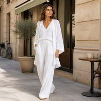 Ensemble trois pièces pour femmes Joydressing en gros : haut blanc à col en V, cardigan long ouvert sur le devant et pantalon large