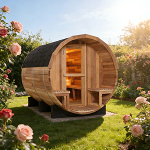 Sauna de Barril para 4-6 Personas, Sauna de Vapor Tradicional de Cedro Rojo con Diseño de Patchwork para Exteriores - Product Image 1