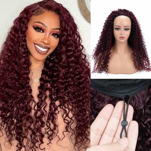 Perruque synthétique mi-longue à fibres douces, bouclée, effet vague d'eau, avec cordon de serrage, sans colle, couleur bordeaux/noir, pour femme - Product Image 3