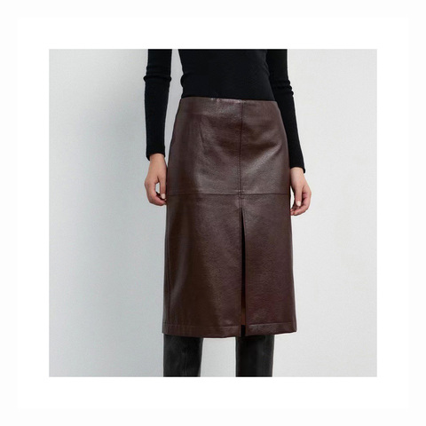 4316 Wholesale Fashionable a Line Vintage Genuine Leather Skirt Custom Brown Knee Length Women Real Leather Skirt