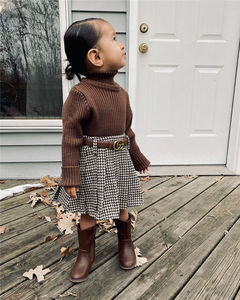 Kids Fall Clothing 2021 <b>Girls</b> Turtleneck Sweater Plaid <b>Skirt</b> Toddler Outfit Clothes Suit - Product Image 3