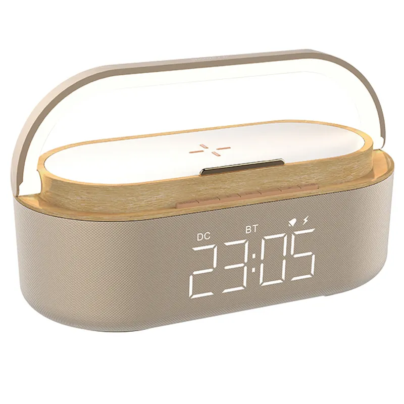 2022 10W portable wireless phone charger wooden digital alarm clock with wireless charging BT Speaker LED Night light for iphone