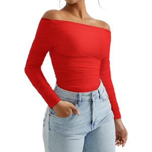 <b>Women</b> Long Sleeve off Shoulder Crop Top Fitted Y2K Style Knitted Elastic for Everyday Wear - Product Image 1