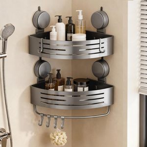 Porte-accessoires de douche à ventouse d'angle (lot de 2 gris), <span class=keywords><strong>étagère</strong></span> de douche en <span class=keywords><strong>aluminium</strong></span> sans perçage avec barre porte-serviettes et crochets, organisateur de rangement de <span class=keywords><strong>cuisine</strong></span> - Product Image 1