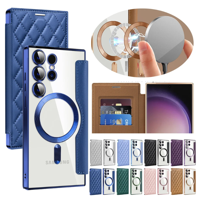 Luxury PU Leather Magnetic Phone Case for Samsung S22 S23 S24 Ultra S25 Plus FE With Wallet Shockproof Transparent Back Cover