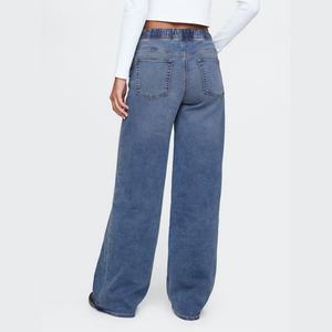Nueva Llegada, Jeans Anchos de Cintura Media para Mujer con Logotipo Personalizado, Cintura con Cordón, Color Azul Índigo, Pantalones Vaqueros de Pierna Ancha - Product Image 2