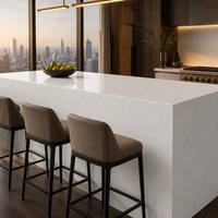 Dalles de quartz blanc veiné gris fin, pierre de quartz reconstituée pour îlot de cuisine et décoration murale intérieure