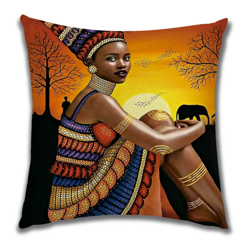 Federa per cuscino in poliestere con motivo a cartoni animati per donna africana più venduta 45x45cm fodere per cuscino con stampa digitale