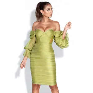 New Style Long sleeve Mesh strapless bishop chiffon sexy women dress tight bandage dress lady evening dress for party wedding
