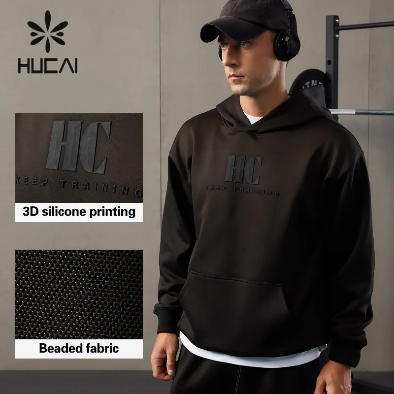 Hucai Oem Hoge Kwaliteit Fabrikanten Kralen Polyester Spandex Custom 3d Siliconen Logo Mannen Fitness Sportschool Hoodies