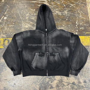 Custom Streetwear High Quality Heavyweight Mens Vintage Distressed Acid Wash Sun Faded Cropped Zip up Hoodie for men - Product Image 4