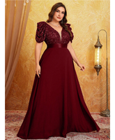 Robe de soirée élégante haut de gamme pour femme grande taille, col en V profond, manches bouffantes, ourlet évasé, taille nouée, avec empiècements de sequins
