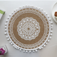 Tapis de Table de salle à manger en Jute tissé bohème, 38cm, imperméable, rond, avec boule de coton, vente en gros