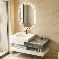 Meuble-lavabo mural de luxe moderne à double niveaux décalés en marbre et ardoise avec vasque en céramique et miroir LED – Ensemble de salle de bain