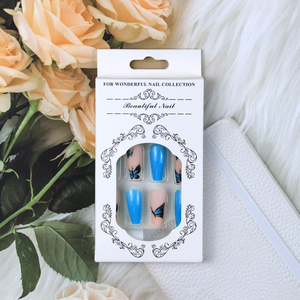 Appuyez sur les fournitures pour ongles en gros moyen papillon <span class=keywords><strong>faux</strong></span> ongles 24 pièces français <span class=keywords><strong>bleu</strong></span> <span class=keywords><strong>ciel</strong></span> acrylique amande ongles pour femmes et filles - Product Image 5